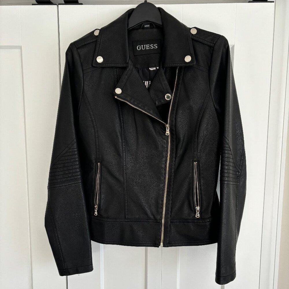 GUESS Women's Faux Leather Jacket, Moto Black, Medium